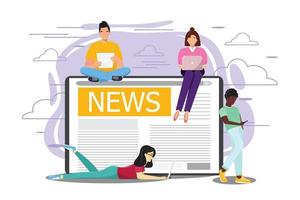 Young modern diverse people reading good news from their devices. Modern media concept illustration with people of different nationalities using their devices. vector