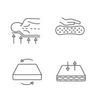 Orthopedic mattress linear icons set. Back support, latex material, dual season mattress, breathable cover. Thin line contour symbols. Isolated vector outline illustrations. Editable stroke