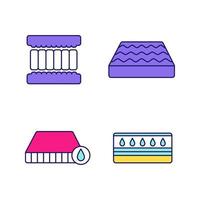 Conjunto de iconos de colores de colchón ortopédico. Impermeable, colchón de agua, relleno de espuma viscoelástica. ilustraciones vectoriales aisladas vector