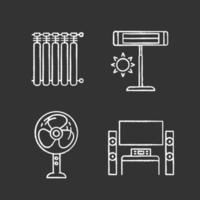 Household appliance chalk icons set. Radiators, infrared heater, stand floor fan, home theater system with TV. Isolated vector chalkboard illustrations