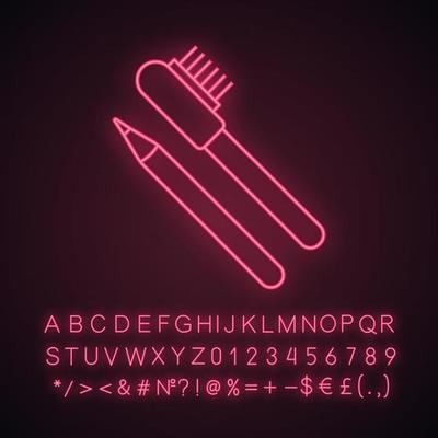 Eyebrow pencils with brush neon light icon. Makeup pencil. Brows makeup and shaping. Glowing sign with alphabet, numbers and symbols. Vector isolated illustration