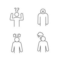 Emotional stress linear icons set. Confusion, apathy, problem solving, sadness. Thin line contour symbols. Isolated vector outline illustrations. Editable stroke