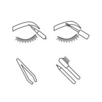 cejas que dan forma a los iconos lineales establecidos. microblading de cejas, rímel, pinza cosmética, lápiz de contorno de cejas y pincel. símbolos de contorno de línea fina. Ilustración de contorno de vector aislado. trazo editable