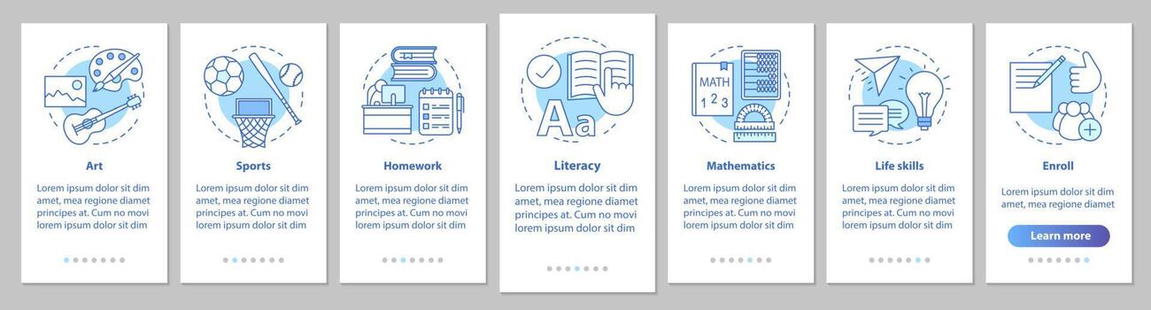 After school program onboarding mobile app page screen with linear concepts. School subjects steps graphic instructions. Afterschool education. UX, UI, GUI vector template with illustrations