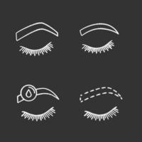 Eyebrows shaping chalk icons set. Steep arched and rounded eyebrows, makeup removal, brows contouring. Isolated vector chalkboard illustrations