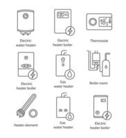 conjunto de iconos lineales de calefacción. calderas, calefactores, termostato, cuarto de calderas. Calentador de agua a gas y eléctrico. símbolos de contorno. ilustraciones de contorno de vector aislado. trazo editable