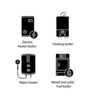 Heating glyph icons set. Electric boiler, gas and electric tankless water heater, solid fuel boiler. Silhouette symbols. Vector isolated illustration