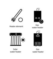 Heating glyph icons set. Electric and gas water heaters, heating boiler, industrial water heater. Silhouette symbols. Vector isolated illustration