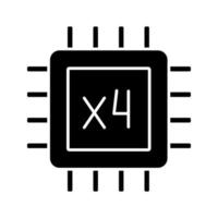 icono de glifo de procesador de cuatro núcleos. microprocesador de cuatro núcleos. microchip, chipset. UPC. unidad Central de procesamiento. Procesador multinúcleo. circuito integrado. símbolo de silueta. vector ilustración aislada