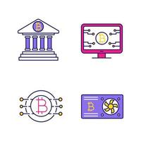 Conjunto de iconos de color de criptomoneda bitcoin. banca en línea, página web oficial de bitcoin, tarjeta gráfica, minería de cpu. ilustraciones vectoriales aisladas vector