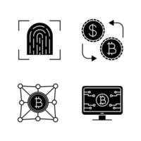 Conjunto de iconos de glifo de criptomoneda bitcoin. escaneo de huellas dactilares, software de criptomonedas, cambio de moneda, red bitcoin. símbolos de silueta. vector ilustración aislada