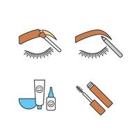 Eyebrows shaping color icons set. Brows tinting and contouring with pencil, eyebrows and eyelash dye kit, mascara. Isolated vector illustrations