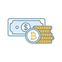 Bitcoin coins stack and dollar banknote color icon. Cryptocurrency investment. Savings. Digital money deposit. Isolated vector illustration