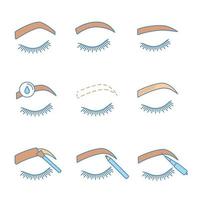 Eyebrows shaping color icons set. Steep arched, rounded, straight brows, makeup removal, microblading, tattooing, eyebrows contouring, tinting with pencil and brush. Isolated vector illustrations