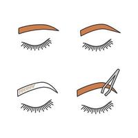 Eyebrows shaping color icons set. Straight and soft arched eyebrows shape, brows microblading, tweezing. Isolated vector illustrations