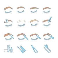 Eyebrows shaping color icons set. Brows microblading and tattoo procedure. Eyebrows permanent makeup. Brows tinting. Isolated vector illustrations