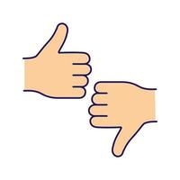 Likes and dislikes color icon. Positive, negative feedback. Reviews. Thumbs up and down hand gesture. Isolated vector illustration