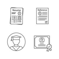 Resume linear icons set. CV, reference letter, education, certificate. Thin line contour symbols. Isolated vector outline illustrations. Editable stroke