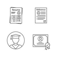 Resume linear icons set. CV, reference letter, education, certificate. Thin line contour symbols. Isolated vector outline illustrations. Editable stroke