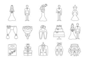 Wedding planning linear icons set. Bridal dress, accessories, car, bouquets. Wedding agency services. Engagement. Thin line contour symbols. Isolated vector outline illustrations. Editable stroke