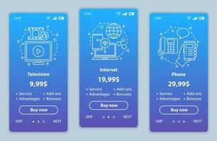 TV, phone, internet bundle onboarding mobile app screens with service prices. Tariff plans and packages steps. Walkthrough website pages templates. Smartphone payment web page layout vector