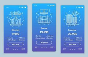 planes de tarifas incorporación de pantallas de aplicaciones móviles plantillas vectoriales. la interfaz de las páginas del sitio web del recorrido. Precios de servicio premium mensuales, anuales. diseño de página web de pago de suscripción de teléfono inteligente vector