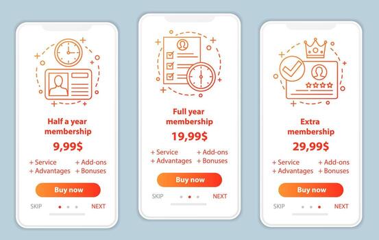 Membership prices onboarding mobile app screens vector templates. Tariff plans steps. Walkthrough website pages interface. Smartphone subscription payment web page layout