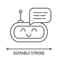 Chatbot message linear icon. Thin line illustration. Talkbot. Laughing chat bot. Modern robot. Virtual assistant. Conversational agent. Contour symbol. Vector isolated outline drawing. Editable stroke