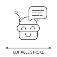 Chatbot message linear icon. Talkbot. Modern robot. Thin line illustration. Android laughing chat bot. Virtual assistant. Conversational agent. Contour symbol. Vector isolated drawing. Editable stroke