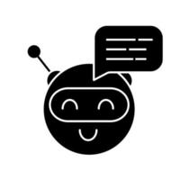 Chatbot message glyph icon. Talkbot. Circle head laughing chat bot. Modern robot. Virtual assistant. Conversational agent. Silhouette symbol. Negative space. Vector isolated illustration