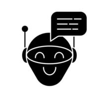 Chatbot message glyph icon. Talkbot. Modern robot. Android laughing chat bot. Virtual assistant. Conversational agent. Silhouette symbol. Negative space. Vector isolated illustration