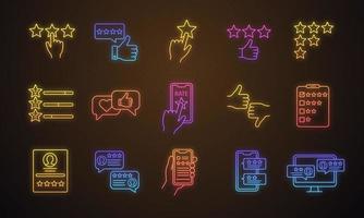 Rating neon light icons set. Customer feedback and reviews. Ranking. Service satisfaction. Likes and dislikes. Positive, negative reviews. Glowing signs. Vector isolated illustrations