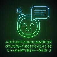 neon light icon. Talkbot. Circle head laughing chat bot. Modern robot. Virtual assistant. Conversational agent. Glowing sign with alphabet, numbers and symbols. Vector isolated illustration