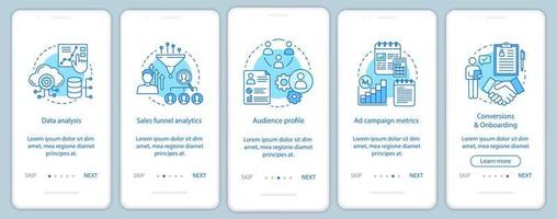 Plantilla de vector de pantalla de página de aplicación móvil de incorporación de cursos de SMM. analista de la red. pasos del sitio web de tutorial de marketing con ilustraciones lineales. opciones de orientación de anuncios. interfaz de teléfono inteligente ux, ui, gui