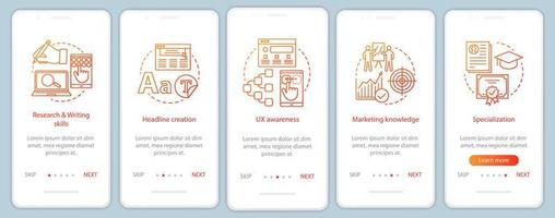 Copywriting courses onboarding mobile app page screen vector template. Digital marketing walkthrough website steps. SMM, SEO. Content creation. Texts writing. UX, UI, GUI smartphone interface concept