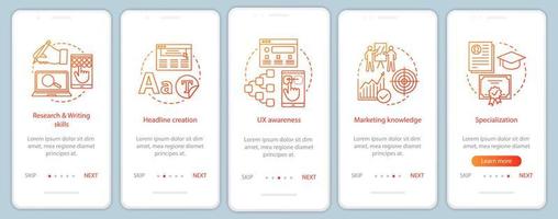 cursos de redacción de textos publicitarios incorporación de plantilla de vector de pantalla de página de aplicación móvil. Pasos del sitio web del tutorial de marketing digital. smm, seo. creación de contenido. escritura de textos. concepto de interfaz de teléfono inteligente ux, ui, gui