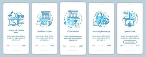 cursos de redacción de textos publicitarios incorporación de plantilla de vector de pantalla de página de aplicación móvil. Pasos del tutorial de marketing digital. smm, seo. creación de contenido. redacción de textos publicitarios. interfaz de teléfono inteligente ux, ui, gui