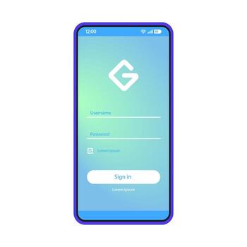 Sign in smartphone page vector template. Mobile app interface blue design layout. Login, sign up screen. Flat UI application. User registration, authorization. Phone display with password and username