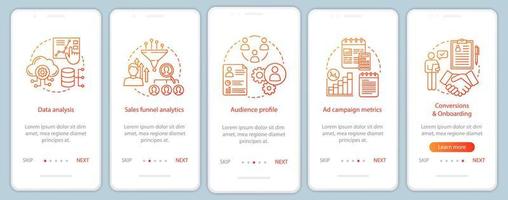 SMM metrics courses onboarding mobile app page screen vector template. Social media marketing and promotion. Sales conversions metrics. Walkthrough website steps. UX, UI, GUI smartphone interface