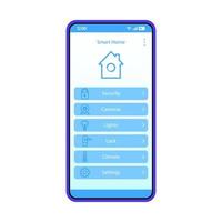 Smart home app interface vector template. Mobile app interface blue design layout. Home automation system. Domotics. Flat UI. Phone display with smart house applications and technologies list