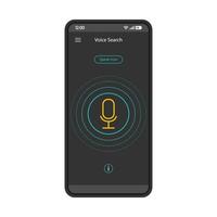 Speech recognition smartphone interface vector template. Mobile app interface black design layout. screen. Voice action and control. Flat UI for application. Phone display with microphone