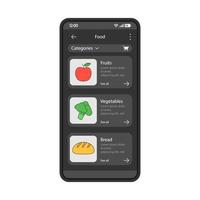 Grocery store app interface vector template. Mobile app interface black design layout. Smartphone food buying. Online shopping. Fruits, vegetables, bread. Flat UI. Phone display with food categories