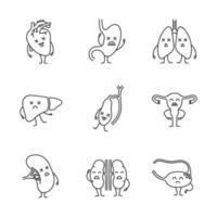 Sad human internal organs characters linear icons set. Thin line contour symbols. Unhealthy digestive, respiratory, reproductive, urinary systems. Isolated vector outline illustration. Editable stroke