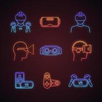 Virtual reality neon light icons set. VR games players, headsets, controllers, smartphone apps. Virtual reality devices. Glowing signs. Vector isolated illustrations