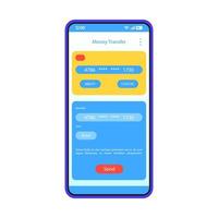 Money transfer app interface vector template. Mobile app interface blue design layout. E-payment. Online banking application. Digital transaction. Flat UI. Phone display with credit cards information