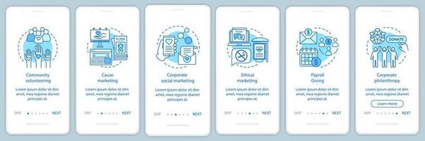 Corporate policy onboarding mobile app page screen vector template. CSR walkthrough website steps with linear illustrations. Corporate welfare and environment. UX, UI, GUI smartphone interface concept