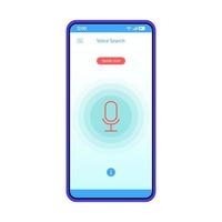 Voice search smartphone interface vector template. Speech recognition. Mobile app interface blue design layout. screen. Voice action and control. Flat UI for application. Phone display with microphone