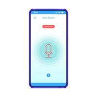 Voice search smartphone interface vector template. Speech recognition. Mobile app interface blue design layout. screen. Voice action and control. Flat UI for application. Phone display with microphone