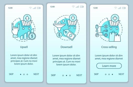 Sales techniques onboarding mobile app page screen vector template. Upsell, downsell, cross-selling. Marketing strategies walkthrough website steps. UX, UI, GUI smartphone interface concept