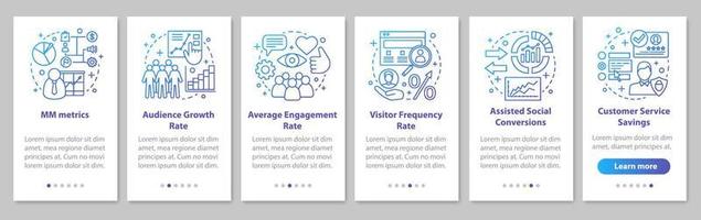 SMM metrics onboarding mobile app page screen with linear concepts. Audience growth rate. Website traffic walkthrough steps graphic instructions. UX, UI, GUI vector template with illustrations